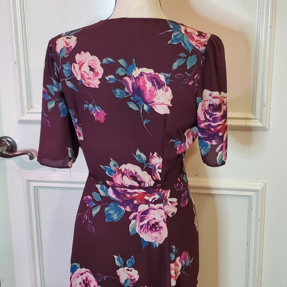 Everly Dark Purple/Pink Multi-Color Floral Wrap Midi Dress, Size Medium - Picture 14 of 16